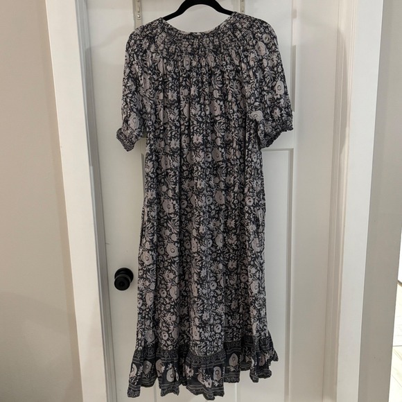 Cleobella Shiva Midi Dress Tripura Block Print Gray White V Pockets Boho Large - Picture 6 of 10